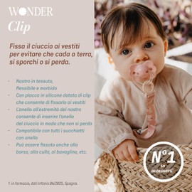 Suavinex, Portaciuccio in tessuto per neonati, Nastro con disegno double-face, Catenella per ciuccio, Clip con fermaglio, per ciucci con anello. +0 mesi, adatto ai neonati, Wonder Tinta unita Rosa