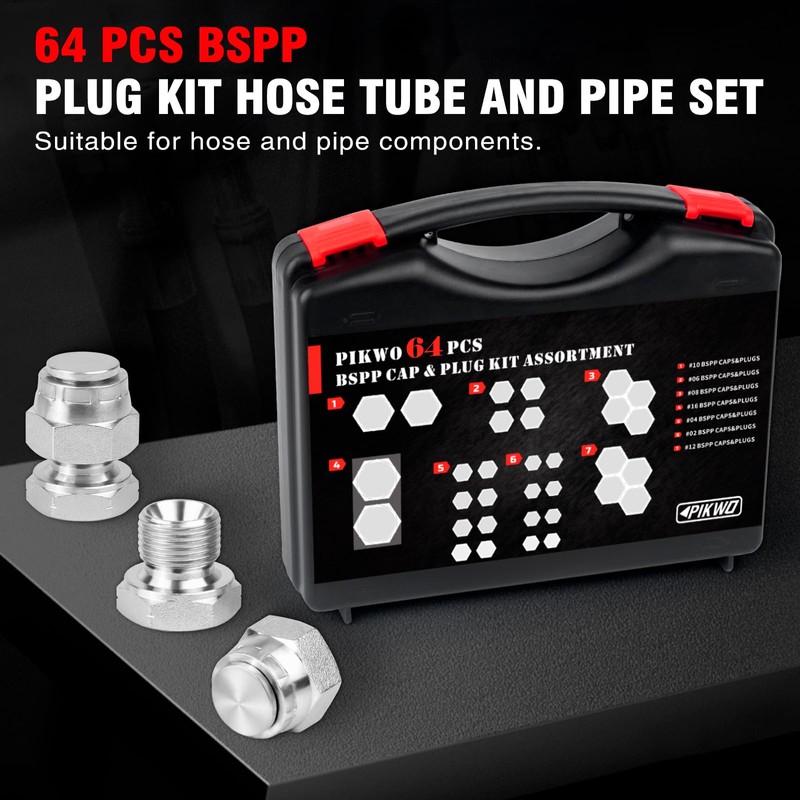 PIKWO 64 Pcs BSPP Plug Kit Hose Tube and Pipe