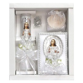 Lito White Jesus Baptism Candle Set Kit for Christenings with Shell and Favors - Spanish