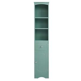 Merax Tall Slim Storgae Cabinet Linen Tower with Drawer and Door, Freestanding Cupboard for Home, Kitchen or Living Room, Adjustable Shelf, Green