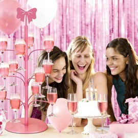 Hebaogugu Wine Glass Holder, Pink Bow Champagne Drink Tower Rack, Cocktail Tree Stand with Sturdy Base, 3 Tier Wine Rack for Mother's Day Weddings Parties Bars Decor