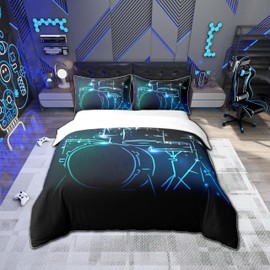 Loussiesd Rock Instrument Bedding Set, Drum Kit Duvet Cover for Boys, Teens, Men, Music Theme Bedding Set, Creative Fluorescent Duvet Cover, Fashion Bedroom Decor Bed Linen, 135 x 200 cm, Blue