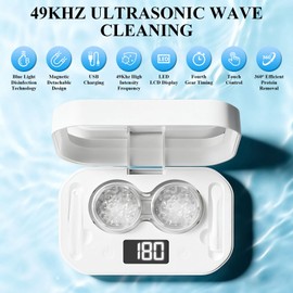 Casbomy Contact Lens Clean Machine, Portable Ultrasonic Contact Lens Cleaner with 4 Timing Modes, Disinfection with Blue Light, 360° High-Frequency Vibration for Cleaning Soft Lenses, White