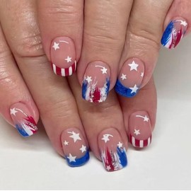 LBPEPAMZ 24Pcs Independent Day Press on Nails Short Square Fake Nails with Star Design 4th of July Acrylic False Nails White Red Line Blue French Tip Glue on Nails USA Flag Stick on Nails for Women