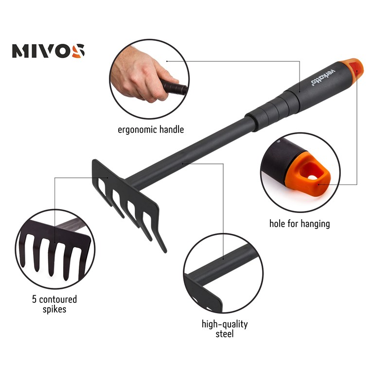 Mivos Steel Garden Hand Rake - Small 5 Tooth Garden