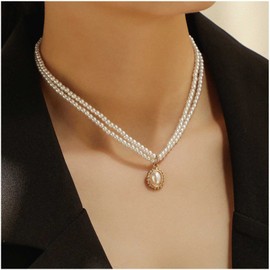 Allereya Round White Small Pearl Necklace Double Layer Pearl Necklace Pearl Pendant Chain Collar Pearl Collar Chain Necklace Jewellery for Women and Girls