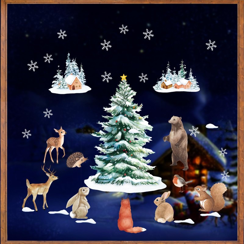 6 Sheets Christmas Window Stickers Animals Christmas Window Clings Stained