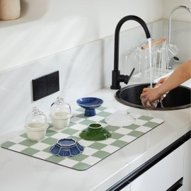Ohocut Checkered Dish Drying Mat for Kitchen Counter, Coffee Bar, Coffee Station Accessories, Retro Cute Aesthetic Absorbent Coffee Mat Kitchen Drying Mat Easy Clean, Sage Checkered 16" x 24"
