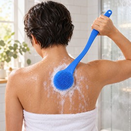 Silicone Back Scrubber for Shower – Long Handle Bath Body Brush with Soft Bristles for Easy Body Cleaning and Massage