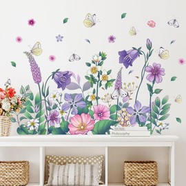 Colorful Floral Wall Decal Peel and Stick Flower Butterfly Wall Sticker Green Plant Leaf Wall Art Murals for Bedroom Living Room Nursery Decor