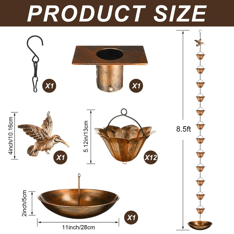 MorningRo 8.5ft Rain Chains for Gutters Outside with Anchor Basin