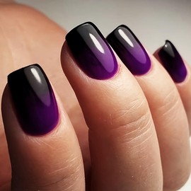 Purple Press on Nails Short Square False Nails Gradient Purple Fake Nails with Design Deep Purple Artificial Nails Acrylic Glue on Nails Short Nails Press ons Dark Purple Stick on Nails for Women