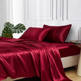 MR&HM Satin Bed Sheets, Twin XL Size Sheets Set, 3 Pcs Silky Bedding Set with 15 Inches Deep Pocket for Mattress(Twin XL, Burgundy)