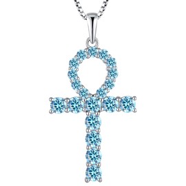 YL Women's Cross Necklace 925 Sterling Silver Ankh Crucifix Pendant Gemstones Criss Jewelry, Metal, Aquamarine,