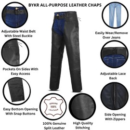 BYKR Leather Motorcycle Chaps for Men & Women Overpants Cowboy Riding Biker Vintage Chap Pants Adjustable Waist & Length (Black, 32 Inch)