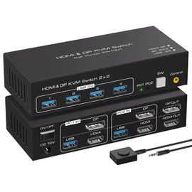 ATLAHET 8K HDMI+Displayport Dual Monitor KVM Switch 2 Monitors 2 Computers USB 3.0 KVM Switcher Support 8k 60hz 4k 120hz for Two Computers Share 4 USB Devices with External Wired Controller