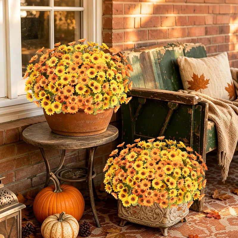 12 Bundles Artificial Fall Flowers, UV Resistant Faux Mums for