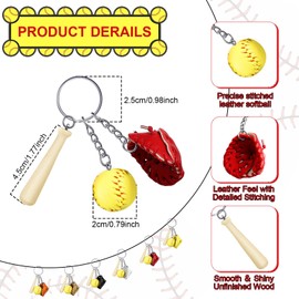 Junkin Softball Keychain Mini Wooden Bat Softball Keyring Softball Keychains for Girls Team Softball Sports Party Favors (12 Pieces)