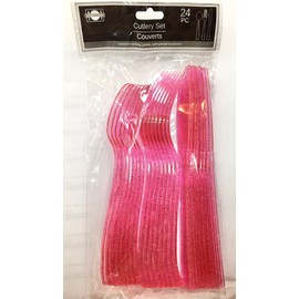24 PINK Plastic Silverware Set | Glitter Pink Cutlery | Glitter Pink Plastic Cutlery Set | Disposable Flatware Set | 8 Forks, 8 Spoons, 8 Knives | UTENSILS