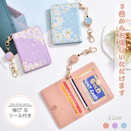 oyaka Pass Case, Commuter Pass Case, With Reel, Elastic Reel, IC Card Case, Cute, Cherry Blossom, Animal Pattern, purple