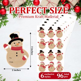 Christmas Gift Tags Stickers, 96Pcs Christmas Gift Labels Stickers, Self-Adhesive Christmas Name Tags for Xmas Gifts Wrap Presents Boxes Decoration, 2 x 3 Inch, Natural Kraft Paper Snowman Stickers