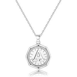 Dochais Necklace with Letters Women's 925 Sterling Silver Necklace Initials Gold-Plated Hypoallergenic Name Chain Pendant Letter Chain Boho Coin Pendant Necklace Adjustable Jewellery Gifts, Silver