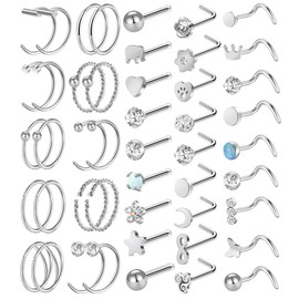 ONESING 47 Pcs 20G Nose Rings for Women Tragus and Nose Piercings Jewelry Nose Rings Hoop L Shaped Screw Stainless Steel for Women nose rings studs