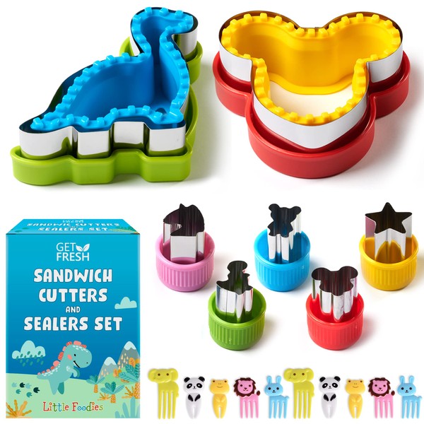 GET FRESH Sandwich Cutters and Sealers for Children – 17-pcs Stainless Steel Sandwich Sealers and Veggie Cutters for Kids – Dino Mouse Metal Bread Decrusters 5 Vegetable Shapes 10 Animal Food Picks
