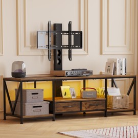 NinPeen 63" W TV Stand with Mount for 50,55,65,75" TV,Entertainment Center with Power Outlet and Led Lights,Height Adjustable TV Console Table with Shelves and Fabric Drawers (Rustic Brown)