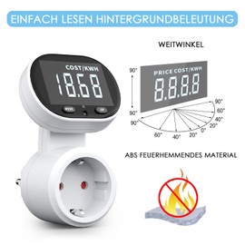 Electricity Cost Meter, Power Meter, Energy Cost Meter, Power Meter, Power Meter with Large LCD Screen, Overload Protection, 3680 W