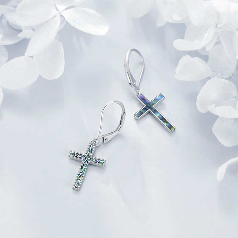 Cross Earrings for Women Sterling Silver Christian Dangle Earrings Abalone
