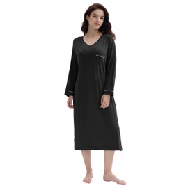 Amorbella Soft Bamboo Viscose Nightshirt for Women Long Sleeve Wicking Rayon Nightdress for Hot Flashes (Black New, XXL)