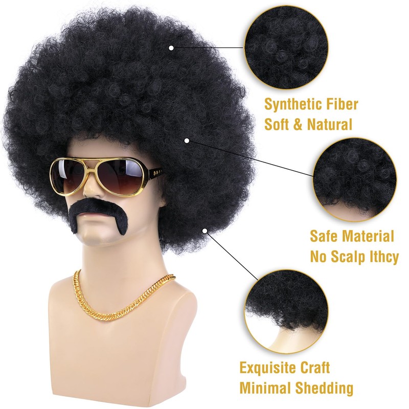 morvally Afro Wig Black 70s for Men with Chain for