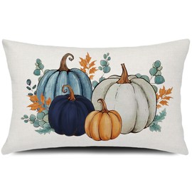 Fall Pillow Cover 12x20 inch Navy Blue Green Pumpkins Eucalyptus Leaves Throw Pillow Autumn Decor Thanksgiving Outdoor Seasonal Decorative Pillowcase Recotangle Farmhouse Decor for Sofa Bed Couch