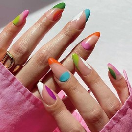 BAOYAALIN Colorful Almond Shaped Press on Nails Medium French Fake Nails Full Cover False Acrylic Glue Stick on Nail for Women Girls 24Pcs