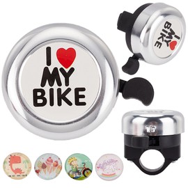 CREATCABIN I Love My Bike Bicycle Bell Classic Aluminum Alloy Bike Bells Ring Loud Crisp Sound Cycling Handlebars Silvery Bells with 4Pcs Resin Stickers for Road Mountain Bike Accessories 2x2Inch