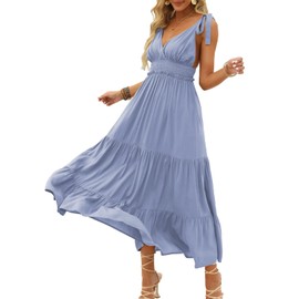 DEEP SELF Women's Summer V Neck Tie Strap Maxi Dress Swing Ruffle Hem Spaghetti Strap Long Flowy Dresses Light Blue Long Summer Dress