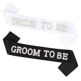 Araluky 2 Pcs White Bride to Be Sash & Black Groom to Be Sash, Pearl Bachelorette Sashes for Bachelorette Party Decorations Bridal Shower Wedding Hen Party Bride to Be Decorations