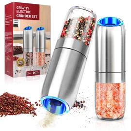 Boan Gravity Salt and Pepper Grinder Set Adjustable Coarseness, Stainless Steel 6.2oz Salt Grinder Refillable, Ceramic Rotors Electric Salt and Pepper Grinder Set for Kitchen & Gourmet Cooking(Silver)