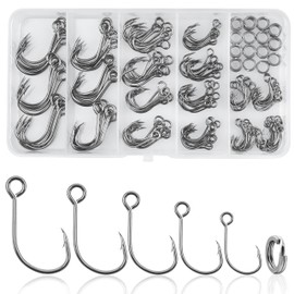 Inline Single Hooks Kit, 185pcs Single Replacement Hooks for Hard Lures Baits Inline Circle Hooks with Split Rings Large Eye Fishing Hooks Saltwater Freshwater for Treble Hook Replacement