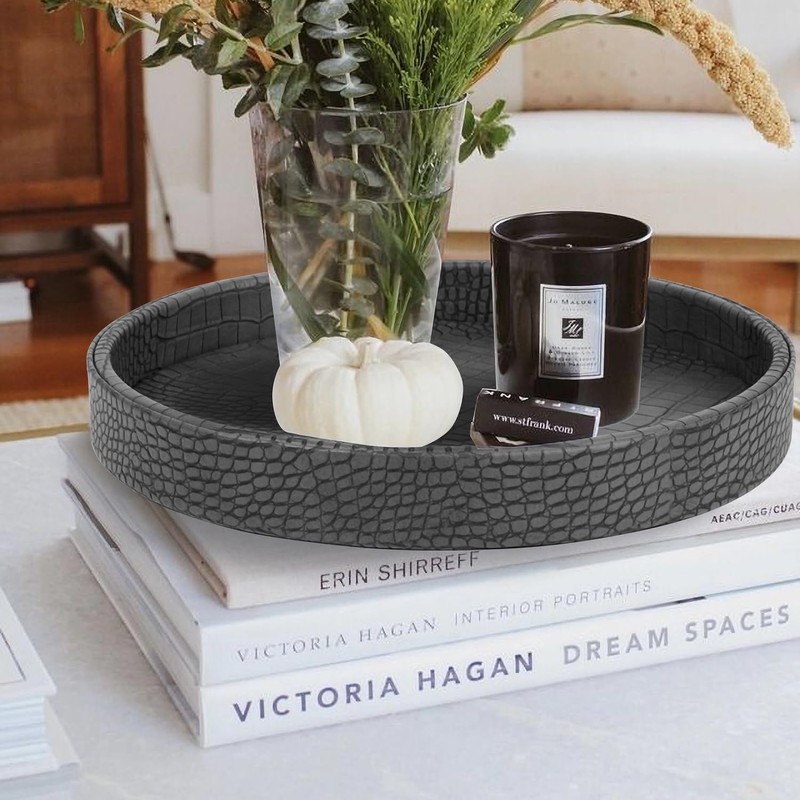 HofferRuffer Faux Leather Round Serving Tray, Vegan Croco Leather Decorative