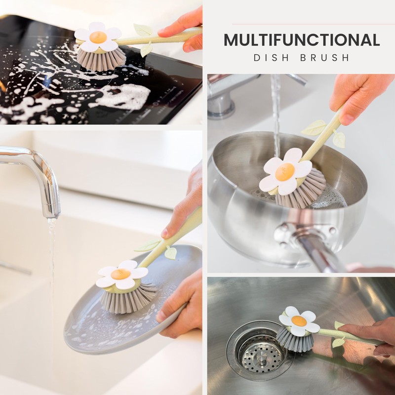 Vigar Florganic Daisy-Shaped Dish Brush with Vase Dish Brush Holder,