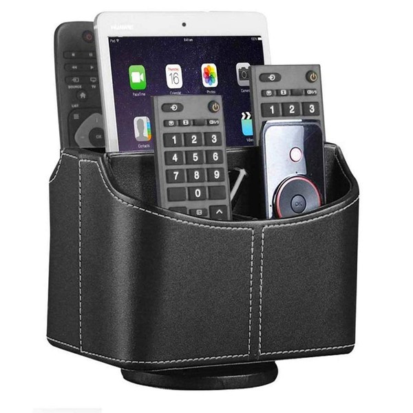 Leather Remote Control Holder, 360 Degree Spinning Desk TV Remote Caddy/Box,Bedside Table Organizer for Controller, Media, Mail, Calculator, Mobile Phone and Pen Storage