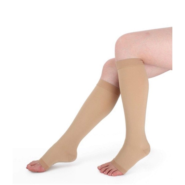 Runee Medical Open Toe Compression Sock 20-30 mmHg Knee High Hosiery Stocking For Swelling, Varicose Vein, Edema, Spider Vein (S/M, Beige)