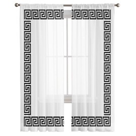 Black Geometric Sheer Curtains Modern Abstract Art Key Greek Design Semi-Sheer Curtain, Silky Voile Chiffon Window Panels Treatment for Bedroom, Living Room, Set of 2 Curtain Panels 52 x 84 inch