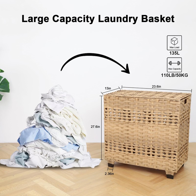 OIAHOMY Laundry Hamper with Lid, 135L Clothes Hamper with 3