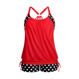 Holipick red Polka dot Plus Size Tankini Swimsuits for Women Two Piece Tummy Control Bathing Suit Blouson Tankini Top with Shorts 16W
