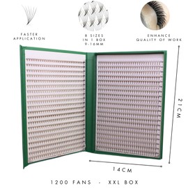 Pinneacle 1200 Premade volume fans eyelash extension for professional lash artist | Mixed 8 Sizes-in-1 Box | Lengths from 9-16mm | C, CC, D, M, L curl 6D 0.07 (Premium XXL Box CC Curl 9-16mm)