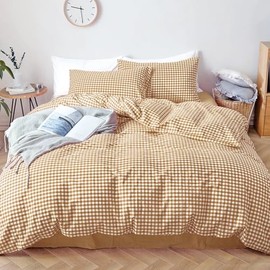 HALOZI Duvet Cover Set Queen Size Coffee Plaid Luxury Soft Bedding Set Comforter Cover with Zipper Closure and Corner Ties (1 Duvet Cover+2 Pillowcases)(Queen（90X90） inch)