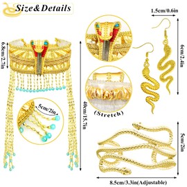 RechicGu 4 Pieces Egyptian Cleopatra Princess Costume Accessories Headband Beaded Snake Arm Cuff Headpiece Hair Crown Head dress Set Women